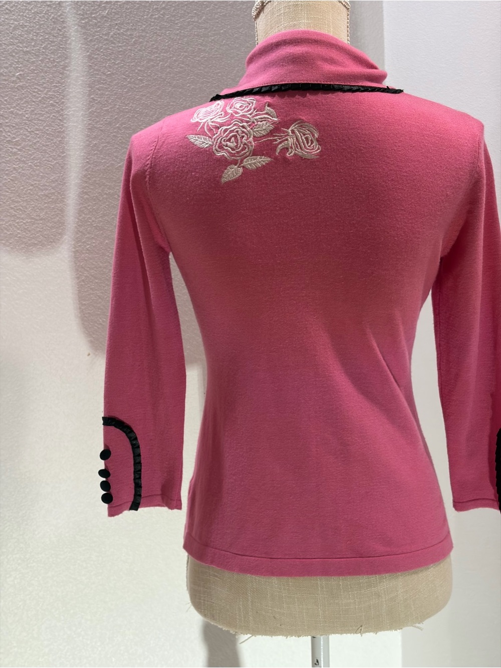 Embroidered Rose Button-Up Cardigan - Coral with Black Trim - Picture 5 of 14